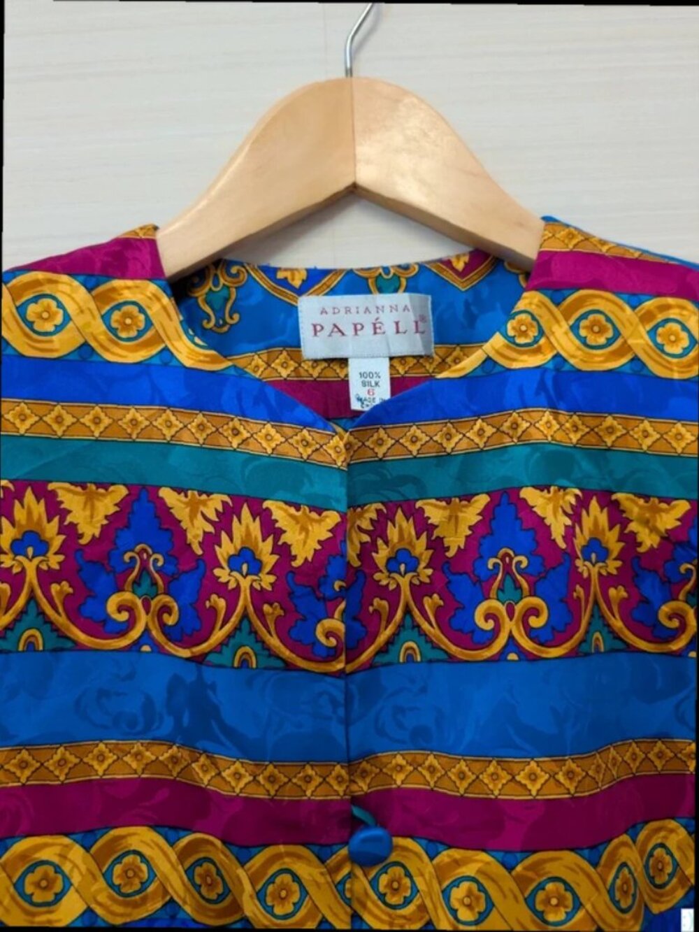 Vintage Baroque Print Blouse Blue Gold Silk Pattern Top Womens UK Size 6 - Picture 5 of 5